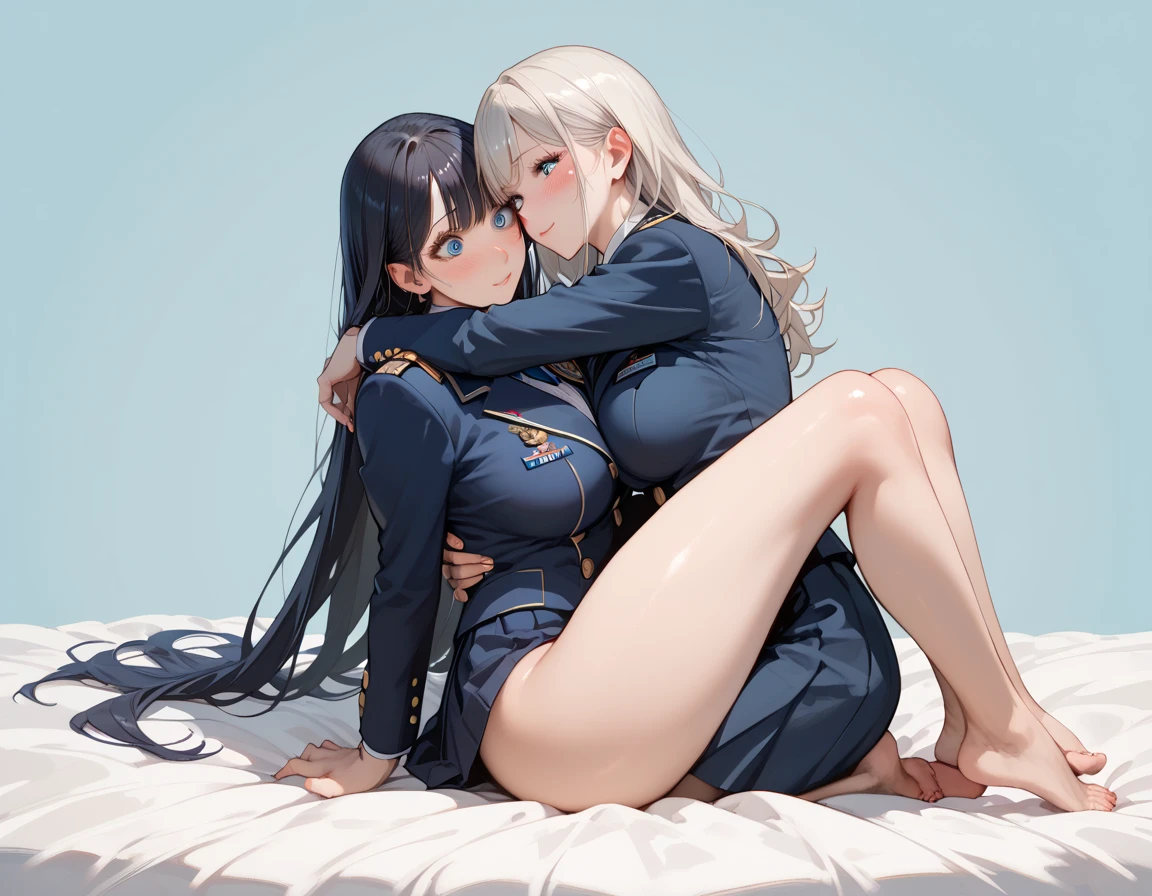 BREAK Perfect Anatomy、(High resolution:1.2)、Incredible illustrations、(Cute illustrations:1.2),(yuri,)(Beautiful background,)(from below,dutch angle) 2gial(((blonde hair,shiny hair,hair intakes:1.8,long hair)(doyagao)(Black coat,ゴシック・ロリータ風Combat Uniform,,garter straps,Eye patch:1.5),(a girl, ,height 1.7meters, 40kg),,17-year-old,flat chest))((gradient grey hair,shiny hair,hair intakes:1.4,long hair:1.5,Dark Skin:1.6)(Black coat,Combat Uniform,,slut,garter straps,Eye patch),(a girl,flat chest,1.5meters, 40kg),,17-year-old,flat chest)) Cosplayer surrounded by people