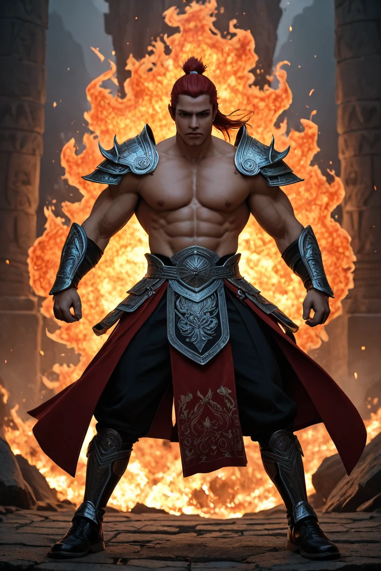 Liu Kang mortal kombat with long hair and a bun a red headband tied so bun, golden shoulder pads with numerous spikes without a shirt, white fingerless gloves beard, with a red cape and skirt