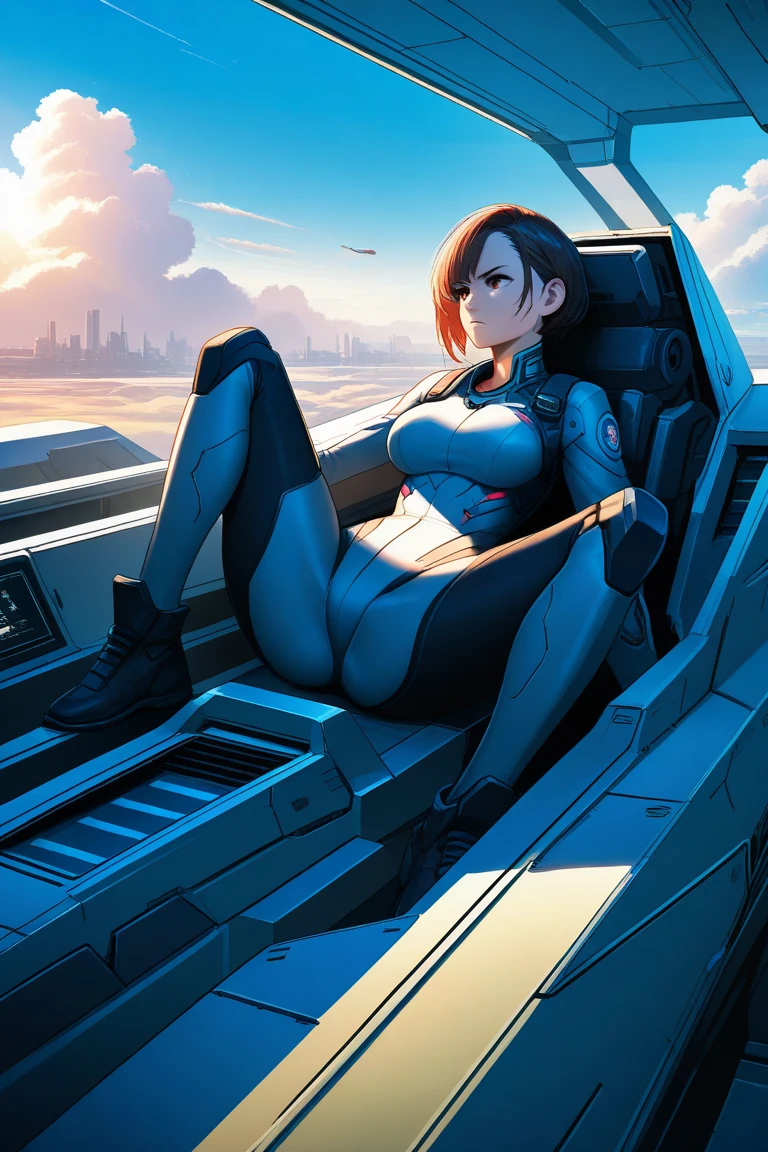 (best quality:1.3), (best performance:1.2), (best illustration:1.2), (cartoon style:1.2), (artistic movie lighting:1.2) (1 person) A middle-aged woman in her 40s wearing a future technology cyberpunk bodysuit is lying down with her upper body and holding the mechanic steering wheel on the floor., Close-up of buttocks, looking at the viewer, view from below, tight bodysuit, upper body turned sideways, big ass, big bust, outstretched arm, Open mouth, glaring eyes,