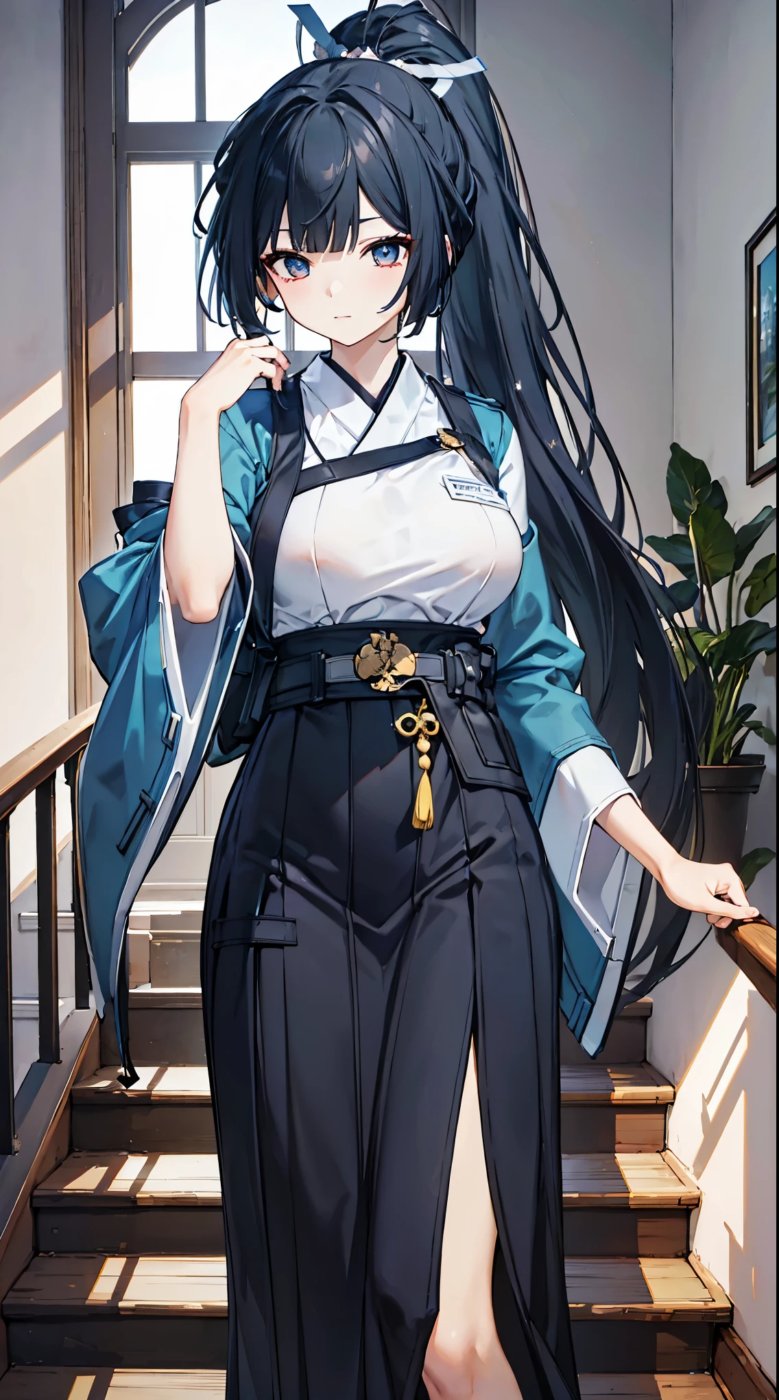 top grade 、、(Whitening skin)、black hair、ponytail,LONG HAIR、blue eyes、Petite、slender、Hakama、uniform、、Big Breasts、on the steps、Mansion、Japanese-style room、、、,