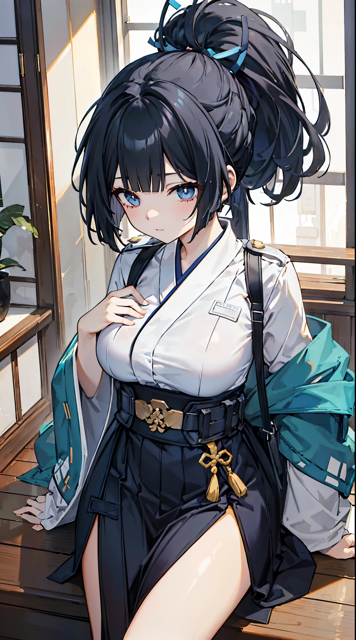 top grade 、、(Whitening skin)、black hair、ponytail,LONG HAIR、blue eyes、Petite、slender、Hakama、uniform、、Big Breasts、on the steps、Mansion、Japanese-style room、、、,