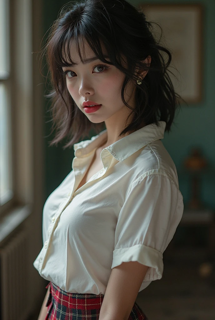 A beautiful girl sitting in train, big  breast in shirt