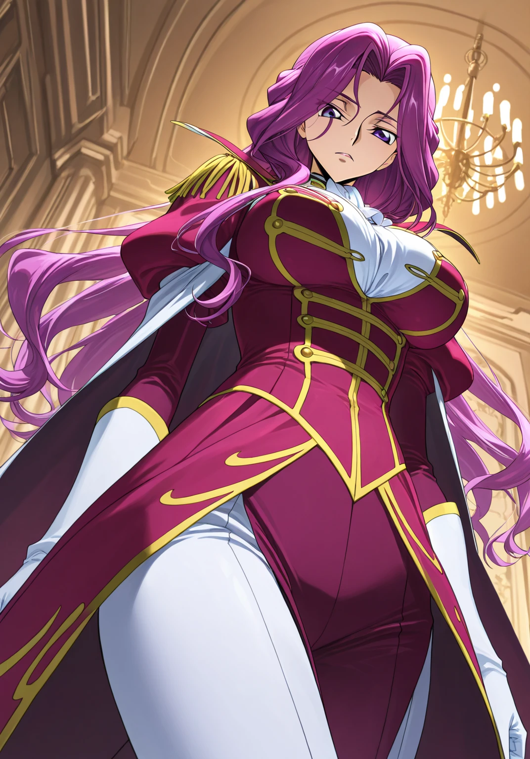 <lora:ANIME_CodeGeass_CorneliaLiBritannia_v10:0.65>cornelia_li_britannia, 1girl, purple eyes, purple hair, long flowing hair, breast, cleavage, royal outfit, looking down, from below, 64K, f1.2, 800mm, UHD, dynamic lighting