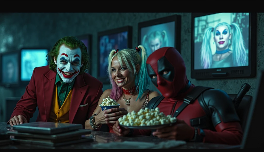 (best quality:1.2,ultra-detailed,realistic:1.37),the joker and harley quinn,robbed bank,crazy selfies,selfie sticks,money tossing,masked criminals,chaotic scene,laughter,menacing smiles,guns,hysterical laughter,disorderly bank notes,smoke-filled room,cash flying in the air,wide grins,wild poses,villains in action,flashy outfits,unique makeup,harlequin patterns,bank safe,bank tellers,terrified hostages,dark humor,vivid colors,dynamic lighting,mischief and mayhem,criminal masterminds,crazy criminal duo,lively atmosphere,heist escapade,unpredictable energy,creepy fun,criminal underworld,criminal creativity,madness and chaos