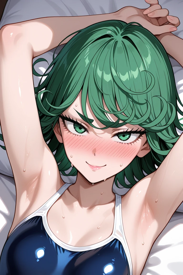 tatsumaki(one punch man),cute,nose blush,light pink lips,on bed,shy, Lowered eyebrows,Glossy lips,school swim suit ,looking at viewer,Open your eyes wide,sweat,closed mouth,smile,arms up,