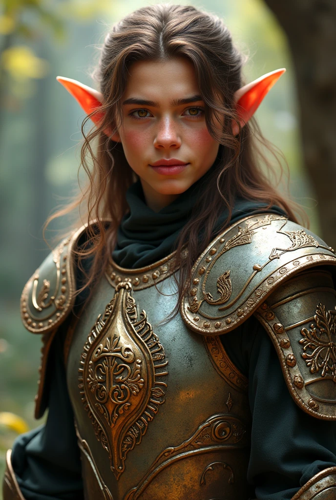 Wood elf with beige skin. Short black hair and dark blue eyes. 1.70 CM of height. The ears of the elf were cut. A paladin with a Golden and black armor. a scarf covering the face.
The ears were cut AND the face has some scars around it