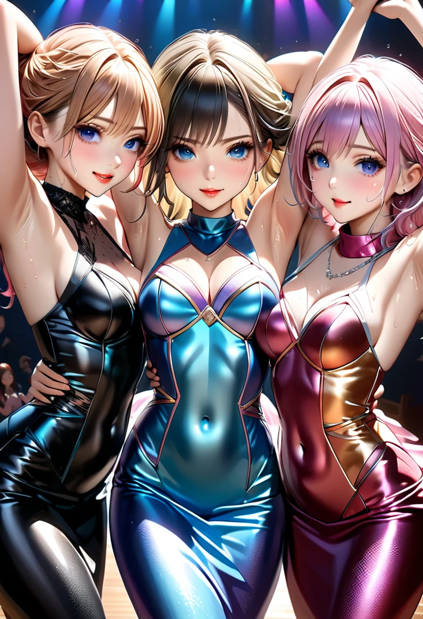 NSFW, (8K, RAW photo, 最high quality, masterpiece: 1.2), High-definition RAW color photo, Professional photo shoot, cinematic light, , (((young woman, gal, 3人のGroup photo))), (((Three people side by side:1.2, upper body only, Group photo))), (Sharp features), (big eyes), (small face), (high detail skin: 1.2), clavicle, cute face, beautiful appearance, long eyelashes, (rainbow hair, blue eyes), (beautiful breasts:1.5), (slim body:1.5), (shy smile), very detailed顔と肌の質感, fine eyes, natural makeup, colorful costumes, Gorgeous Maid Clothes, bewitching women, stand side by side, lift the skirt, enjoying the act, A glimpse of sexy lingerie, staring eyes, beautiful skin, shiny skin, perfect fingers, five fingers, anatomically correct, background bokeh, high quality, surreal, bright colors, ((very detailed, photo shoot)),