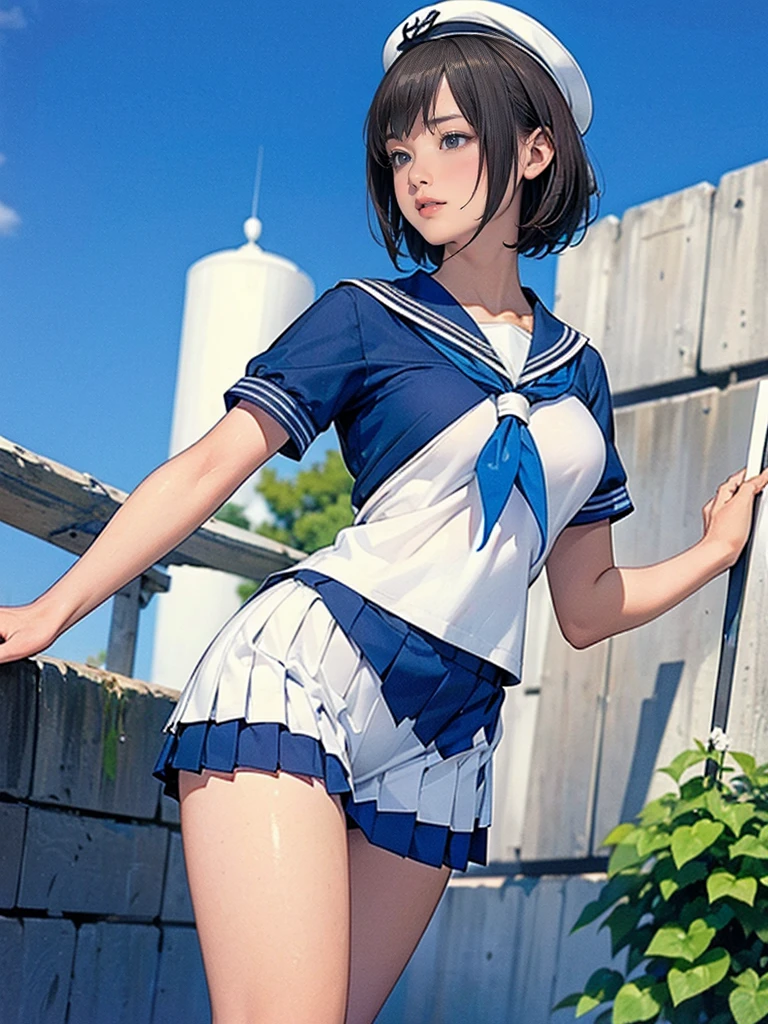 (One Girl, 10-year-old girl),(Girl in a sailor suit:1.5),(mini skirt:1.5),(((Skirt Lift:1.5))),(stand with feet apart:1.2),((Little white panties:1,5)),(short hair),(front:1.5),(From below:1.2),(Beautiful Eyes),(Beautiful Face),(Very detailedな顔:1.5),((Very detailedな手の描画:1.5)),(blush:1.5),((Thin thighs:1.4)),(Beautiful body:1.5),(Very slim:1.4),(Clear blue sky in the background:1.5),(Gentle light:1.5),(Written boundary depth:1.5),break(((masterpiece:1.5),(Highest quality:1.5),(Very detailed:1.5),(High resolution:1.5),(Realistic:1.5),(Realistic:1.5))),8k
