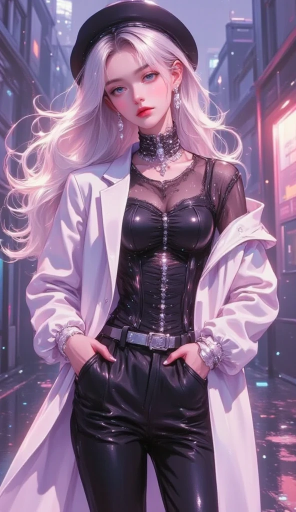 tmasterpiece,(tmasterpiece,top-quality,best qualityer),1girll, jewely,耳Nipple Ring,choker necklace,bangle, hoop earings, , Long hair and long meat, Blonde hair,(Black color hair,Silvery-white hair,Maroon hair, solo, ssmile, looking at viewert, motorvehicle,The Car, Sports cars,groundvehicle, Sat down, exteriors, daysies, medium breasts,Open navel, dark skinned female, floral patterns, grinning smile,collars,Laser cloth,(black leather bodysuit), laser,holy rays,gold foil,Gold leaf art,glitter drawing,Correct anatomy,Detailed face, Detailed eyes,Chest exposed,(miami, night life), (abs), leopard print, glasses, labcoat