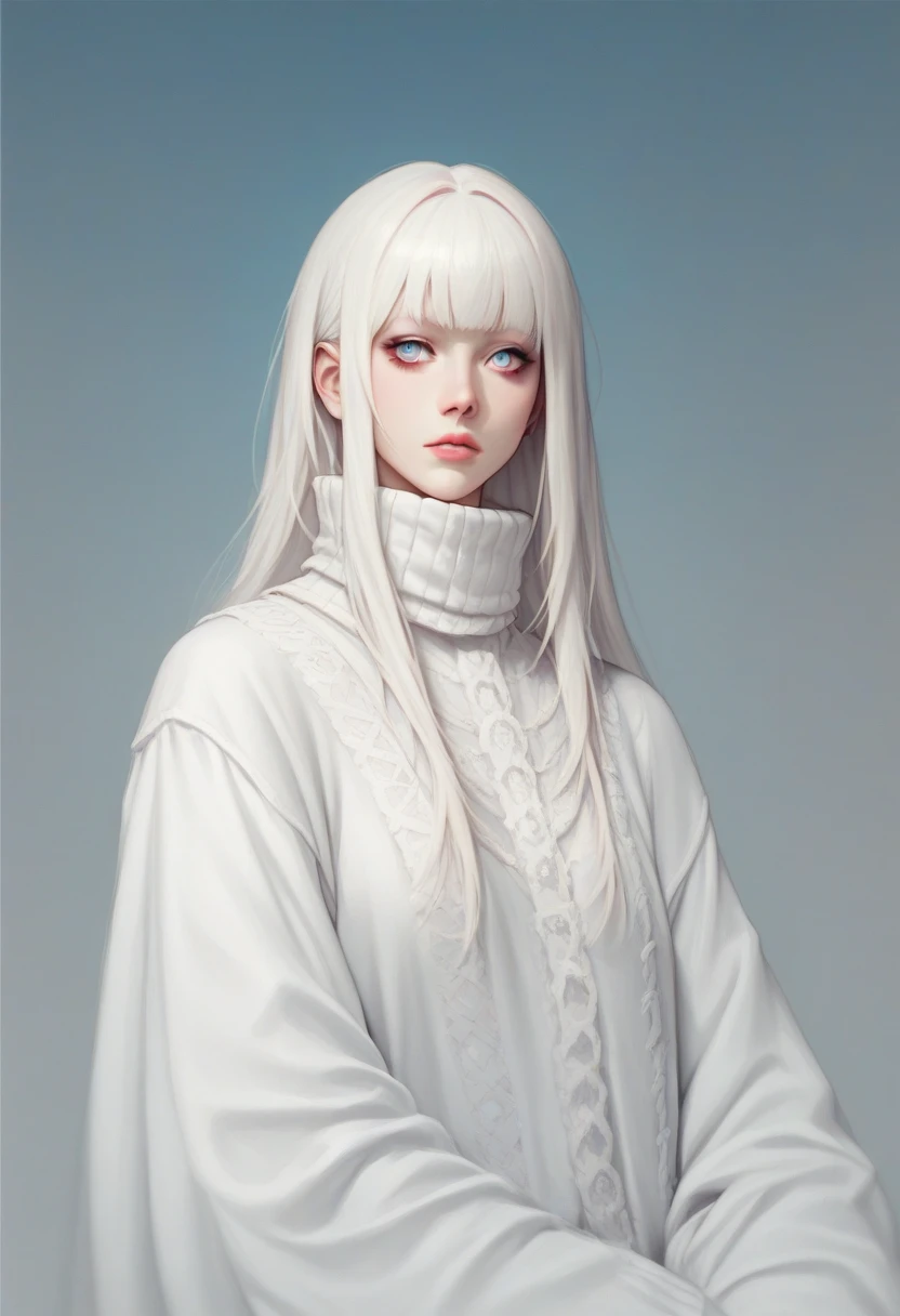 work of art, trunk, face portrait, Aqua Sweater, big sweater, Woman, standing alone, White hair, hair over eyes, gamer&#39;s room, ssmile, sitting on the floor, skirt short