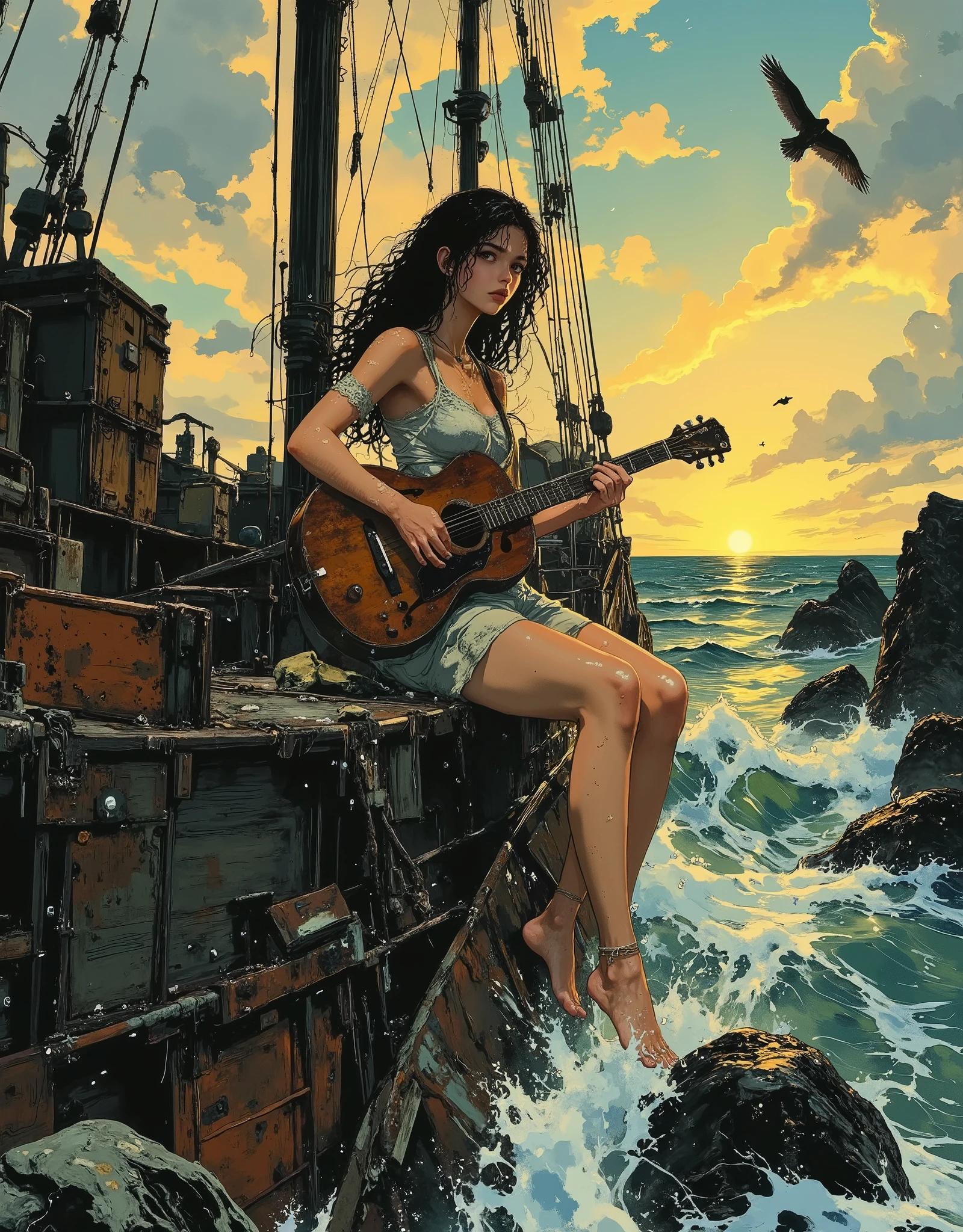 Semi-realistic animation illustration with high resolution, clear black contours, expressive shading, rich natural lighting. A young girl is playing the guitar, sitting on the sloping railing of a half-sunken wooden ship, her bare feet clinging to wet, weathered boards, and waves gently lapping against the hull. Her long curly dark hair is blowing in the wind. She is wearing an off-the-shoulder crop top trimmed with fine lace and high-waisted linen shorts, the fabric of which is slightly damp from the fog. Her piercing amber eyes glow with curiosity and quiet nostalgia as she looks out at the open sea, at the golden reflections of the setting sun reflecting off the rippling water. Around her, rusty metal beams and broken wooden masts, entangled in algae and shells, stick out of the wreckage. In the distance, seabirds scream overhead, silhouetted against the warm glow of the sky, and the endless ocean stretches to the horizon. Picturesque dark blue, sun-drenched gold and muted turquoise colors create a serene, melancholic and at the same time adventurous atmosphere. bright colors, nostalgic atmosphere, charming art style, low viewing angle, semi-realistic digital art, high detail