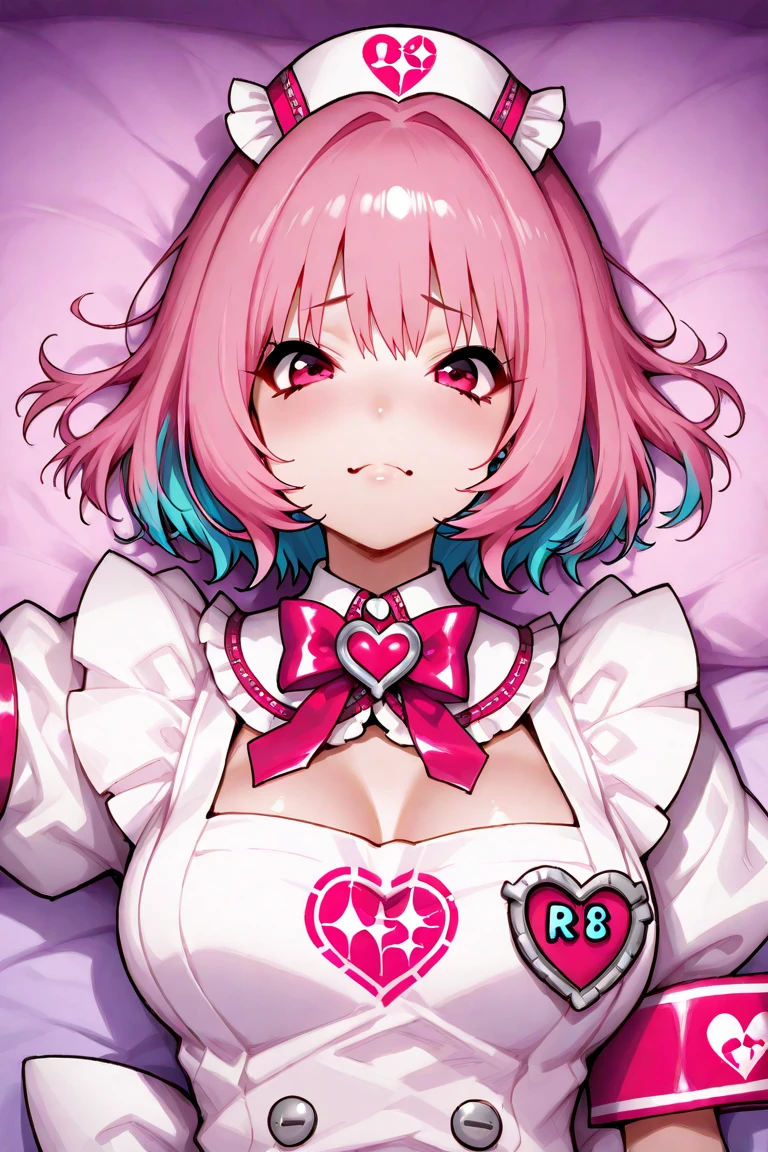 1girl, animal_ears, annie_(league_of_legends), blue_eyes, blush, candy, cat_ears, chocolate, commentary_request, dakun, fake_animal_ears, food, league_of_legends, lollipop, looking_at_viewer, mouth_hold, photoshop_(medium), pink_hair, short_hair, solo, striped, striped_background, valentine