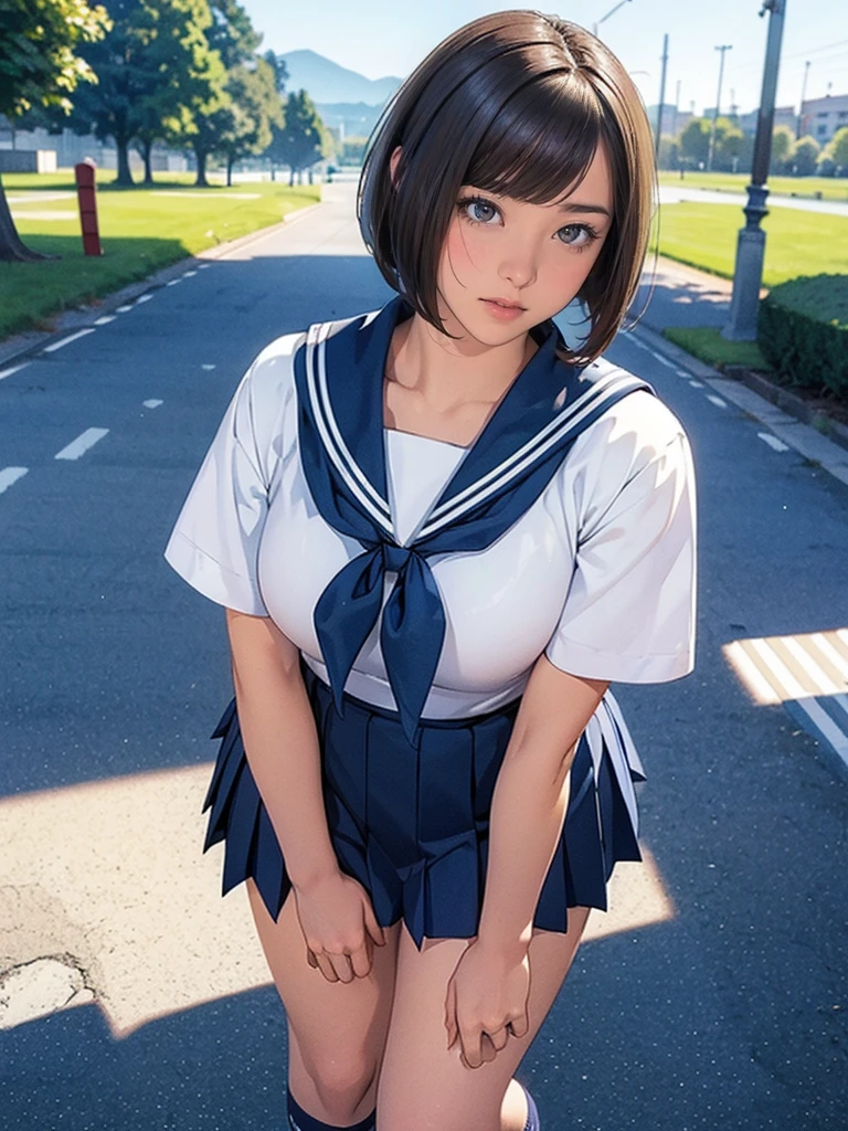 nsfw,((pussy juice:1.5,public hair:1.5,From below:1.5)), (open clothes:1.3,areola,bare small breasts:1.4,bare nether region:1.5,bare navel,unclad,bare Lower body:1.5,public hair:1.5),BREAK,photo,hyper realistic,in 8K,masterpiece,dynamic angle,acrobatic posing,professional lighting:1.1,high quality,high resolution,detailed background,14yo:1.2,detailed black eyes:1.2,skinny legs:1.5,best hands:1.5,spreading arms:1.5,facing forward,pefect anatomy,correct anatomy,character focus,(1 cute girl:1.1,public hair:1.5,normal breasts:1.5,public hair),(outdoor:1.2,london:1.5,crowded big city,clock tower:1.5,cherry blossom petals are falling:1.3,squatting with spread legs wide on ground:1.5,public hair:1.3),shorty,tiny,skinny,brown short hair:1.1,blunt bangs,glistening skin,shy smile,BREAK,Enamel shoes:1.5,detached white sleeves,black socks,(dark blue sailor collar:1.3),white bowtie:1.5,hair bow,lace-trimmed legwear,white shirt,Realistic Vaginas,