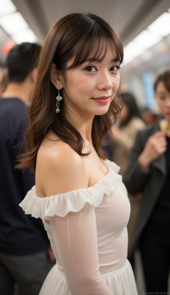dark brown hair、light brown eyes、Japanese actress face、 lady、I&#39;Iは彼とIが好きです&#39;I&#39;Iは40歳くらいです.、(intricate details:1.2)、(which one is the top?:1.4)、 (ultra high resolution:1.2)、ultra high resolution、(finely tuned)、(detailed facial features)、nffsw、8K resolution、D cup size breasts、long hair、1 girl, A look of deep sadness, (Highly detailed beautiful face), (A loose fitting dress :1.5),(bare shoulders:1.3), (highest quality:1.4), (Super detailed)、beautiful fair skin,  Angle from below、 open your mouth a little、Visible legs、Pose of Weakness、obscene pose、Street fashion、very sandals、cutout design、Are standing、Los Angeles Streets、Ocean、coconut tree、