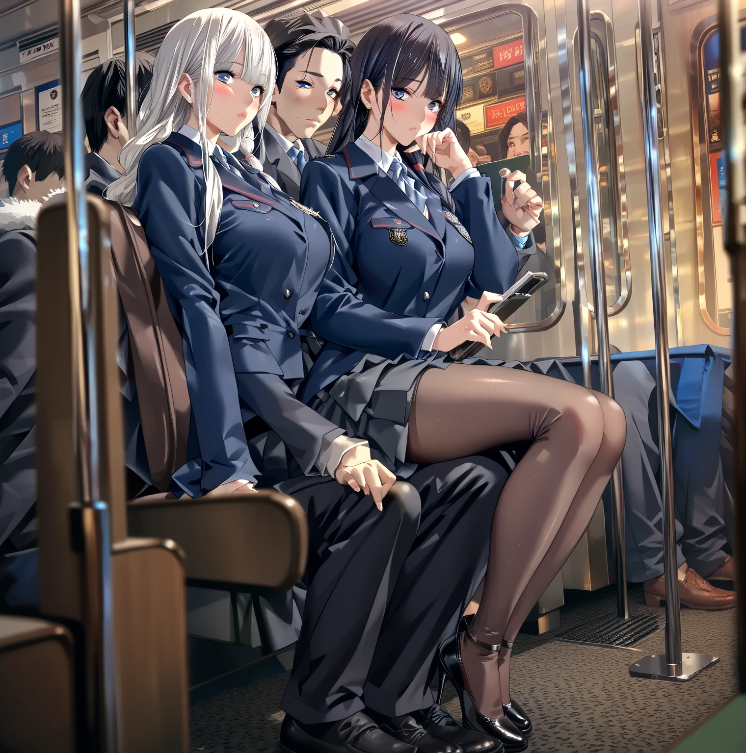 masterpiece, highest quality, Official Art, very detailed, Perfect hands, Perfect Eyes,(((Three Girls))), flight attendant, Open front uniform, Tight uniform, High heels, airport、、Tight mini skirt、belly button、Thin legs、topless、Trance Expression、Turn your ass towards me