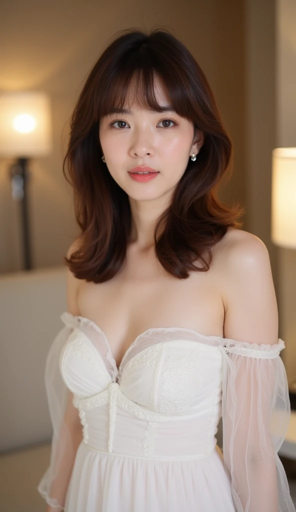 Ultra-high resolution, masterpiece, Rough skin, Very detailed, Photorealistic, Professional Lighting, Written boundary depth, sharp, (Gray background), (Front view:1.2),(Japanese Mature, 45 year old women are sexy), Detailed face, Beautiful Eyes, bangs, Shapely large breasts, Light brown straight hair, Faint lips, (Catch Eye:1.3),((Stand in front、Looking at the audience, Serious face eyes,)), White shirt, Cleavage, Full body photo, Cowboy Shot,