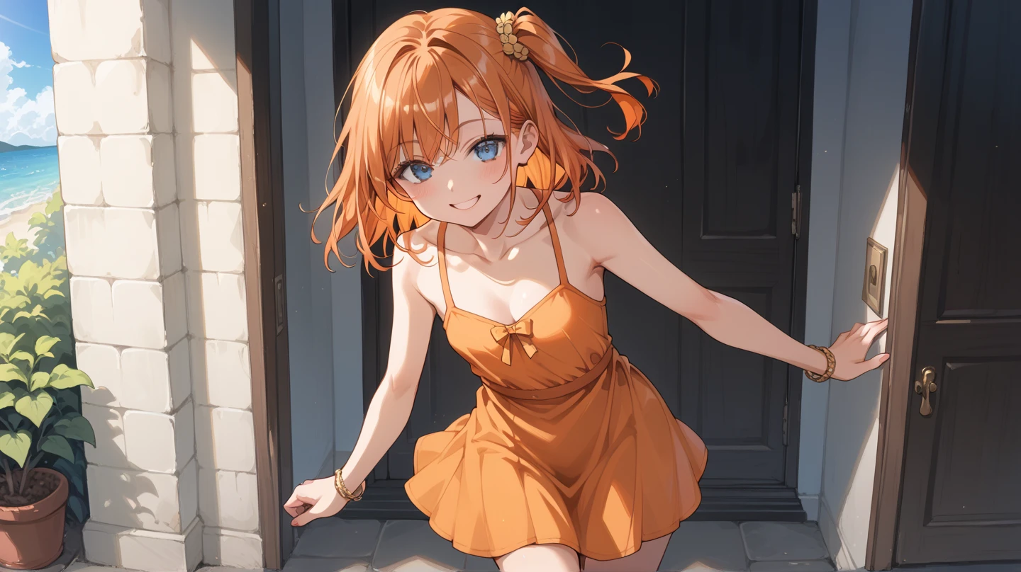 best quality, masterpiece, <lora:souryuuv2:1>,\red_choker, yellow_dress, cleavage, small_breasts, v-shaped_eyebrows, white_background, collarbone, arm_behind_back, 1girl, hair_ornament, solo, bare_shoulders, :/, closed_mouth, neon_genesis_evangelion, souryuu_asuka_langley, simple_background, choker, hand_up, looking_at_viewer, armpits, dress, two_side_up, interface_headset, blush, breasts