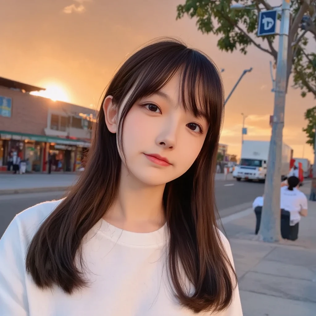 masterpiece、1 beautiful girl、Detailed eyes、Puffy eyes、Highest quality, 超High resolution, (Reality: 1.4), Cinema Lighting、Japanese、Asian Beauty、Korean、Super Beauty、Beautiful Skin、Slender、Body facing forward、(Surreal)、(High resolution)、(8k)、(Very detailed)、(Beautiful and detailed eyes)、(Ultra-detailed)、 (wallpaper)、Detailed face、Bright lighting、Professional Lighting、View your viewers、Look straight ahead、The outfit is a clean light orange shirt and dress.....、46 point diagonal bangs、Night Scenery、Brown Hair、Nogizaka Idol、Korean Idol、Gravure idol pose、、Age 25、expensive,