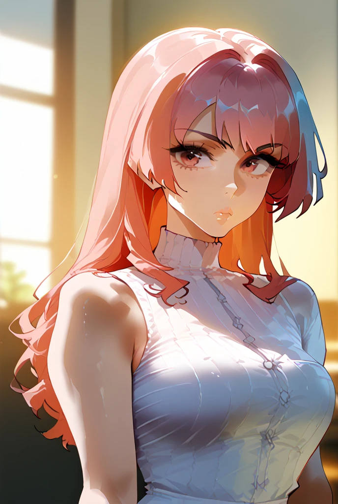 1 girl, long pink hair, red eyes, white complexion, casual dress, big breasts