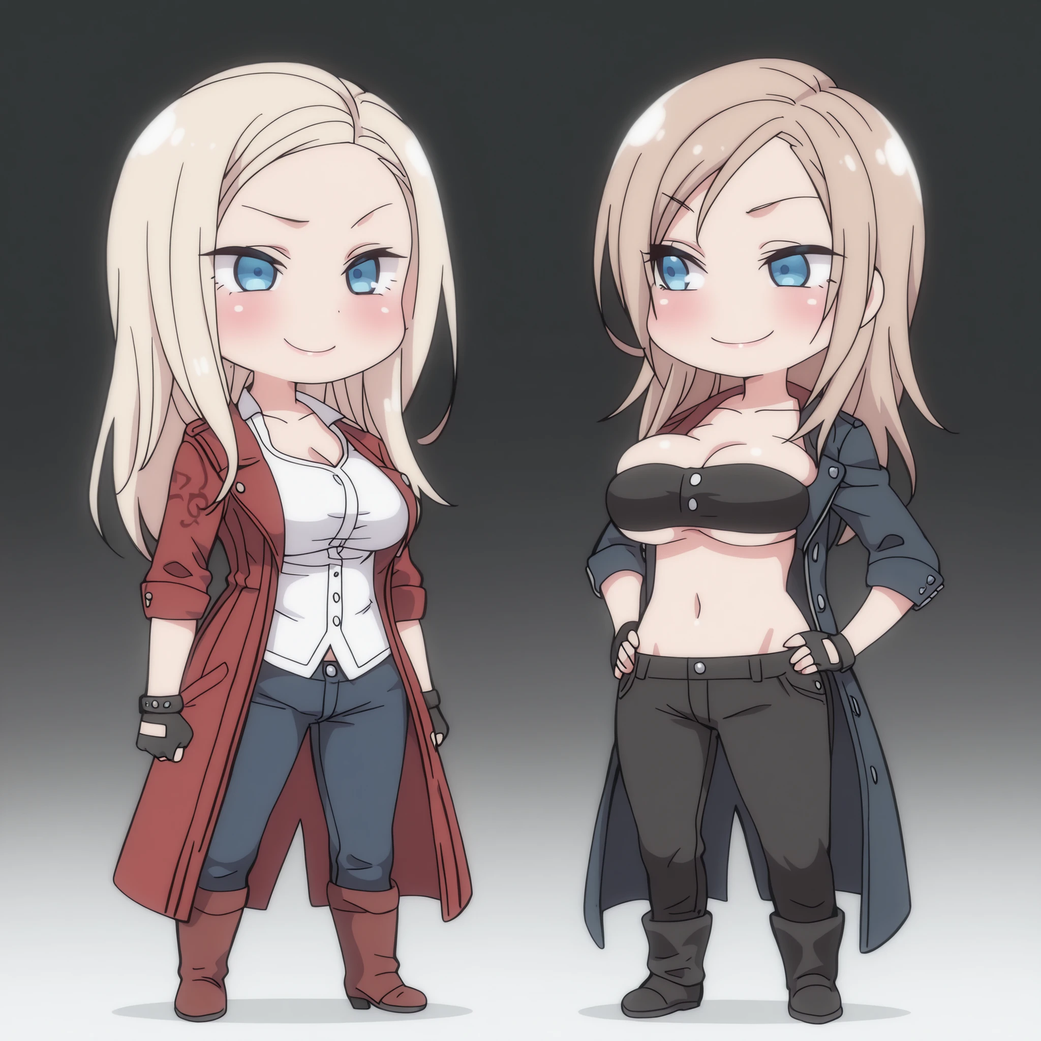 2 girls,chisa, A girl, solo, brown hair, blue eyes, Kurashiki Reina, A girl, solo, blonde hair, blue eyes, beautiful, togheter, high quality, masterpiece, Very detailed, high quality, high resolution, beautiful, beautiful and perfect face, Lustful smile, View your audience,dante devil may cry outfit, red coat, bandeau, fingerless gloves, pants , Big Breasts, Chibi style, full body, sexy, blush, Chibi character, standing, Chibi