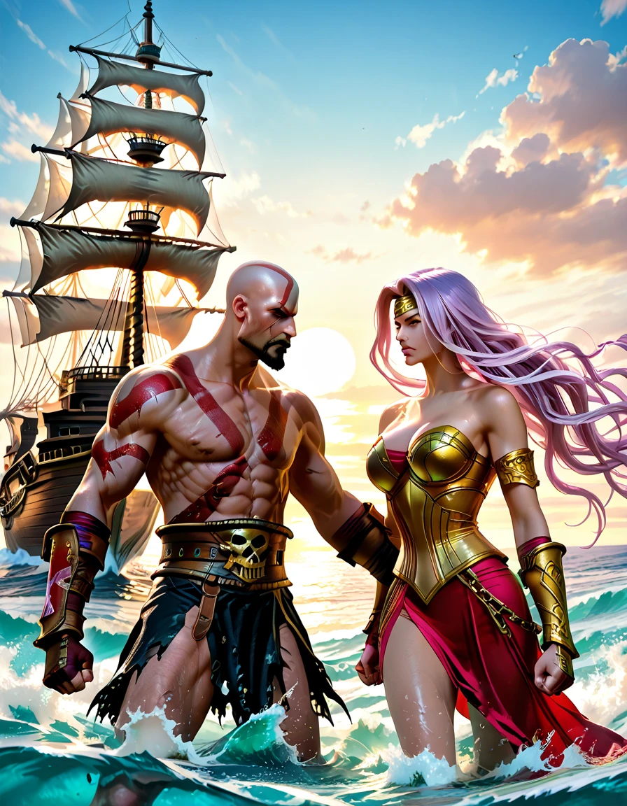 Kratos on a pirate ship,in the ocean,Mar, Fighting the Goddess Medusa
