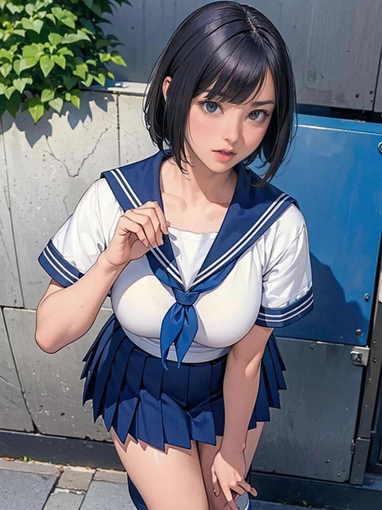 Highest quality , High resolution , Detailed CG , short hair , Navy blue sailor suit , Navy Blue Skirt , Modest chest , Black Hair , Two limbs , Optimal ratio , Embarrassed expression , Burning cheeks , In town , Narrow alley at night , Nipples are visible , touching one's own breasts with one's own hands , facial expression during orgasm , Hide behind a utility pole