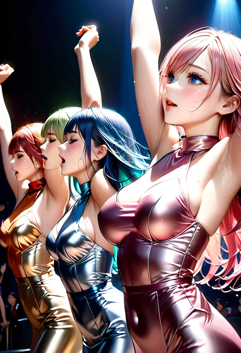 3girls, 3 Girls, GirlA, GirlB, Girl Next to Girl, Cowboy Shot, From Behind, Ass, Hugging, Posing, Happy Smile, Teeth, (Sitting), Stage, 4k, Masterpiece, Top Quality, High Resolution, Best Quality, Ridiculous, Highly Detailed, Breaking, GirlA, Young, Detailed Face, Succubus Girl Crop Three beautiful girls with healthy skin and visible muscles, kissing and licking each other, drool flowing from the corners of the mouth, staring , exaggerated blonde hair, sharp edges, provocative posture, breasts touching each other. Clothes may accidentally unravel (come apart), become embedded (causing the garment to pull on the crotch), crop tops may rip, and tops may slip off (causing exposure). The expression is fiery and defiant. (Masterpiece, Best Quality: 1.2), Beauty, Pink Hair, Glossy Skin, Seductive Poses, Cleavage, Wet Skin, Breast Exposed, Large Breasts, Breast Exposed Detail, Healthy Skin, Ass Exposed, Skin Color Shorts and Underwear Exposed Removal Thick white fluid oozed from the side of the thigh. (Runny cream cheese syrup, dripping stains) Amazing ass and spread legs. Details: Spread your legs, lie down, M-shaped legs, your eyes are super beautiful and shining during orgasm, and your big breasts reveal your cleavage. Detailed nipples. navel, light pink, muscular, legs spread, juicy, wet, seductive, big breasts, cleavage exposed, navel, dark brown skin, blonde, long straight hair, schoolgirl cut, cosplay, late night, wet, out Sweaty Armpits, (Tanned Face): 1.6), 8K, Gorgeous Lips, (Masterpiece), (Highest (Best Quality), (Super Detailed), ((Sexy; 1.5)) Very Beautiful, Illustrations, Perfect composition, intricate details, extremely detailed faces, (Animation, Masterpiece, Complex: 1.3), (Best Quality, Featured Textures, High Detail: 1.2), (4k), (Extreme Detail: 1.4) Moody Light