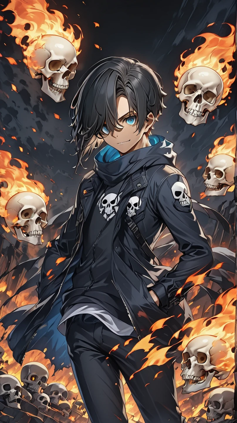 ((1guy)), perfect face, , black hair, short hair, brown eyes, blue flames, ((dark background)), ((facing forward)), cowboy shot, ((skull mask)), in the center, (()), ((standing)), ((hands in pockets)), ((perfect hands, correct number of fingers)), ((modern urban clothes)),