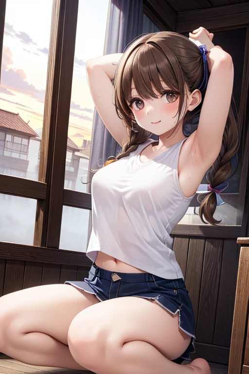 Highest quality、 bra、Beige shorts、Cool look、Stretch your legs in the room、Armpit sweat、Grass、Ecstasy face,(Attractive person), (1 girl), (Highly detailed face, smile) ,, (Japanese Girls), Slightly round face, cute, Big eyes、2D,Highest quality,(masterpiece),(((whole bodyが映る))),(((whole body))),Twin tails up to the shoulders,((Amber brown hair)),((Beach Waves)),Healthy brown skin,((Denim hot pants)),「cheap」In a pink tank top,Shining bare feet,barefoot,Beautiful brown eyes,Attractive thighs,Sloppy body type,Bedroom,get drunk,Superior,cheeks are bright red,Sexy as hell,Erotic look,Sleep with your legs stretched、My Room