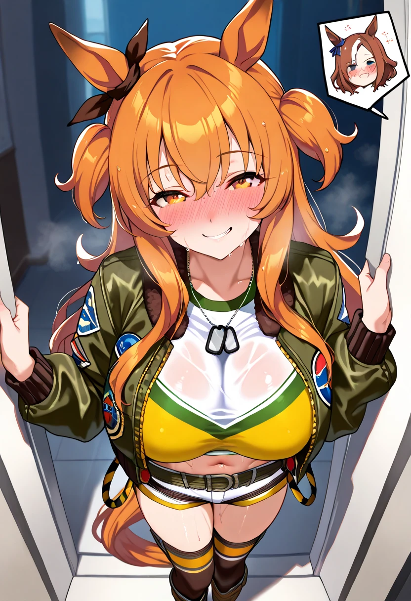 scale excel, orange hair, smile, fang, open mouth, green eyes,standing, medium breast, pants, pullover, , full body,knight armor, armore, sword holding, fantasy cyberpunk city magic, full body, big breast,curvy, flipflops