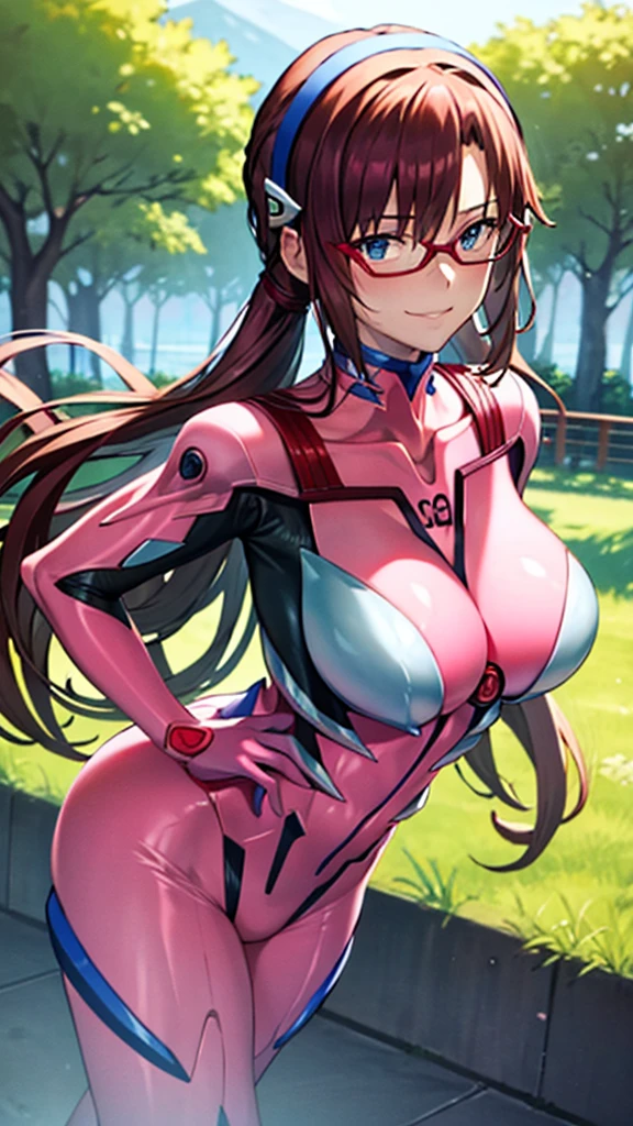 (Shiny),(Highest quality),(8k),See-through crotch area,Transparent Mansuji,Shape of the crotch area,Nihil,pink rimmed glasses,Shiny股間部,Shiny太腿,smile,Shiny bodysuit,Shinyシースルーボディスーツ,Latex suit,Beige chest,Transparent see-through chest,beige sheer crotch,Pink accents,Dark beige bodysuit,Brown Hair,Pink accessories,An anime girl with large breasts sitting on a chair with her chest exposed, Biomechanical Boobs, BoobsCyberpunk, White color see-through Asuka suit!, Makinami, High resolution consignment,