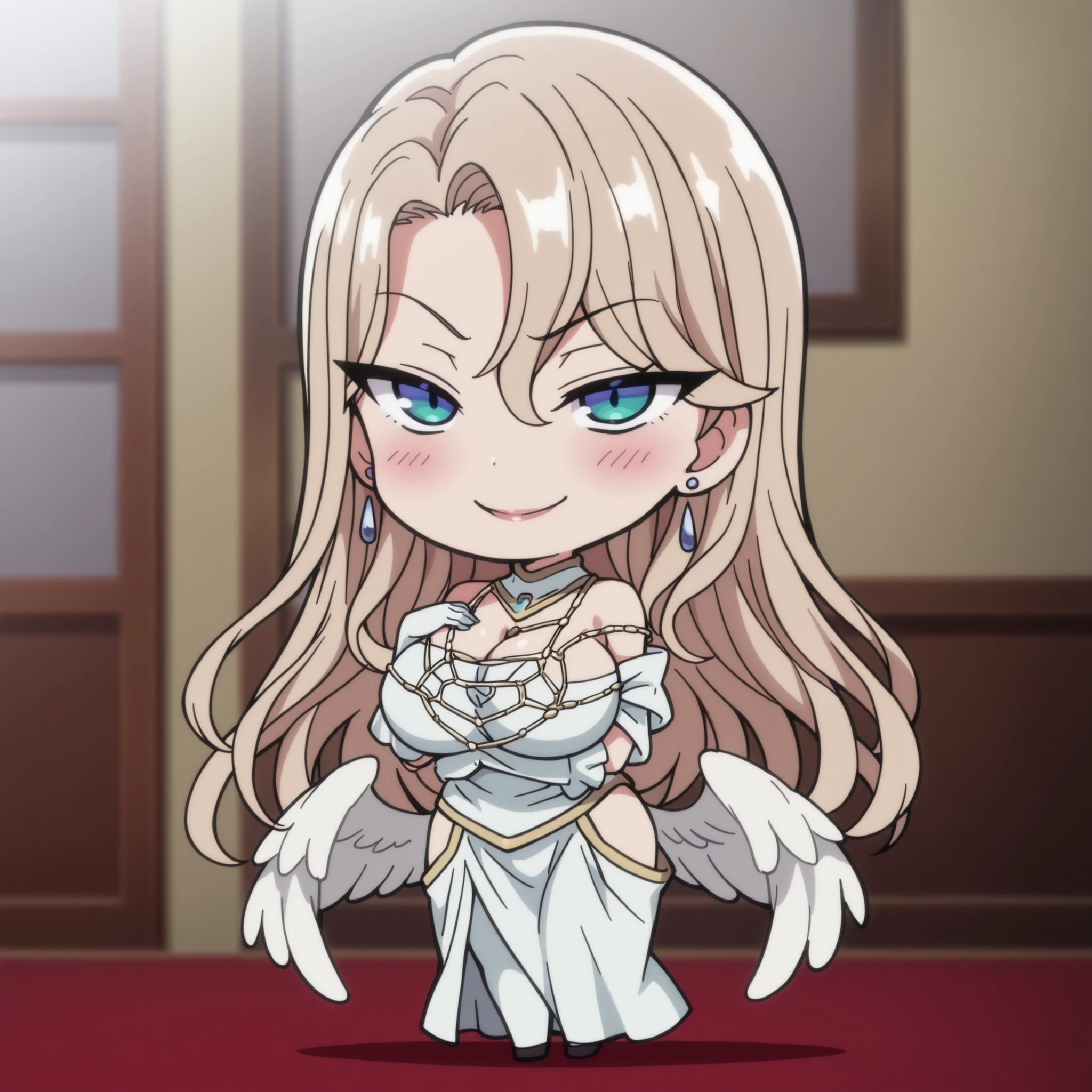 Kurashiki Reika, high quality, masterpiece, Very detailed, high quality, high resolution, A girl, solo, blonde hair, blue eyes, beautiful, beautiful and perfect face, Lustful smile, View your audience, ( Albedo overlord outfit ), a pure roupa branca with silky gloves covering her slender hands and a golden spiderweb necklace that covers her shoulders and chest, cleavage visible, Big Breasts, Chibi style, full body, sexy, blush, Chibi character, standing, Chibi