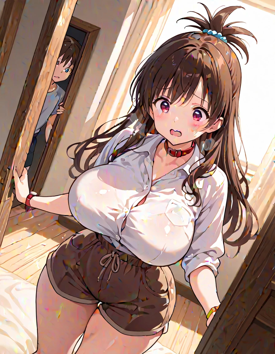 upper body,in the train,(bouncing breasts),(slip dwon bra:2),(breasts out:2) ,tears, (open legs, leaning forward,mini skirt, open shirt) , (blush,surprised,svreaming),(areolae,nipples) , (arms behind back),(cum in pussy,open mouth) ,( ugly man is pulling down bra behibd:2) ( ugly man is sex from behind) ,(slim), middle breasts,short hair,brown hair,wavy hair,single side bun