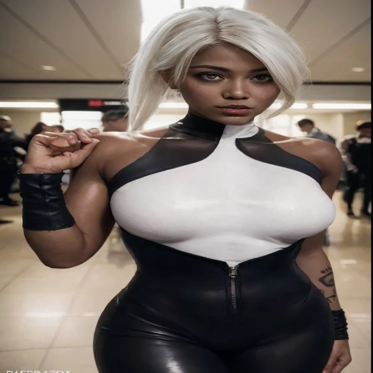 OBRA-PRIMA, There is a black woman with green hair posing for a photo, OBRA-PRIMA ((traje branco de superheroina)), ((roupa branca)), sem maquiagem, ((rosto natural sem maquiagem)), coxas grossas, thicc, Mulher de 45 anos de Cuba, corpo grosso, pernas grossas, ((pose atrevida)) ((agachado ao lado de uma rua)), ((kneeling on the floor)), pawg, imagem de corpo inteiro, Malika Favre, thick thieves, tiro de corpo inteiro!!, Parecendo quente, grosso, coxas grandes