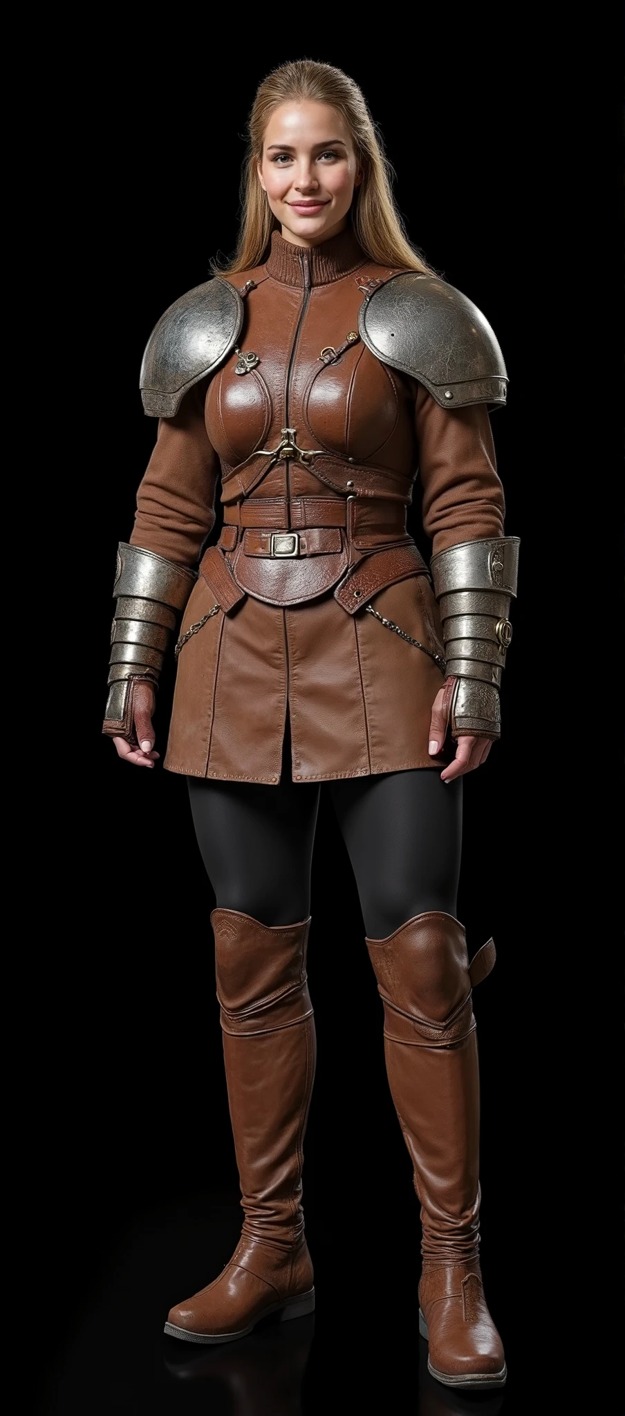 girl in lightweight worn leather armor , cheerful smiling look, Highly detailed, absolutely black background