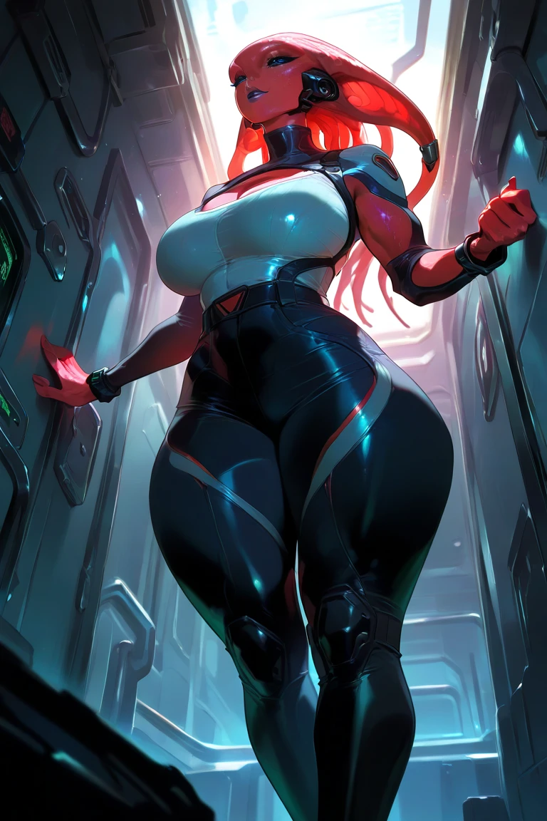 (beautiful girl:1.25), (Megan Fox:1.25), (big fake breasts:1.45), (A young bodybuilder wearing a cybernetic muscle suit:1.25), (huge muscular arms:1.25), Fascinating face, Mouth wide open massacre style, Long Red Hair, Perfect muscular body, Super Skinny Legs, Wimp, Femboy, (Full body image:1.25),