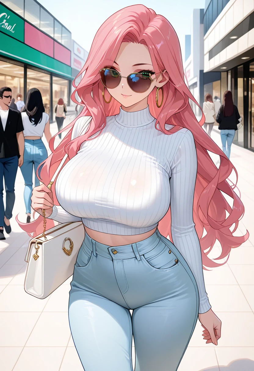1 woman, large chest, long pink hair, green eyes, super happy, wearing naked shoulder t-shirt, denim calf jeans, high heels, sunglasses, luggage, living room
