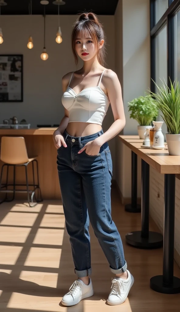 masterpiece, best quality, 4K, ultra-detailed, photorealistic, 1 girl, (A fascinating eye for perfect detail:1.2), smirk, (sunglasses on head), (gold earrings), (short light blue hair), (gold necklace), ((white sleeveless crop top)), ((denim pants)), (red belt), (white sneakers), (sitting on the chair), (cafe window seat), (front view), (full body), (in the cafe)