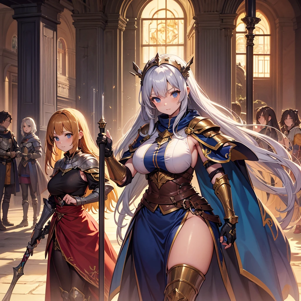 best quality, official art, masterpiece, textile shading, HDR, very detailed, colorful, best details, fantasy, battle armor,1 human female, 25 years old, 3 boys bandits, Multiple horny bandits,Anxious and frightened expression, standing on stairs,Inside the cave,Dim brightness,choppy hair, big breast, skinny,Surrounded by a horde of bandits:1.9、Bandits in heat、Feeling like I'm about to be attacked、Mysterious atmosphere、cameltoe:1.3, looking back, ground level shot:1.9, fighting stance