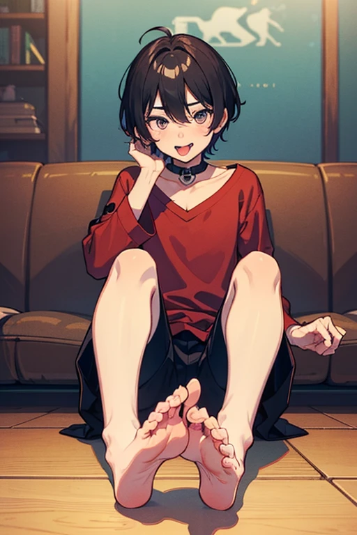 Woman with short black hair、skinny thigh、a miniskirt、white shirt、Sitting on a large sofa, the soles of your feet are visible、Composition looking up from the front、Bare legged、In a messy room、Looking down here、Embarrassing
