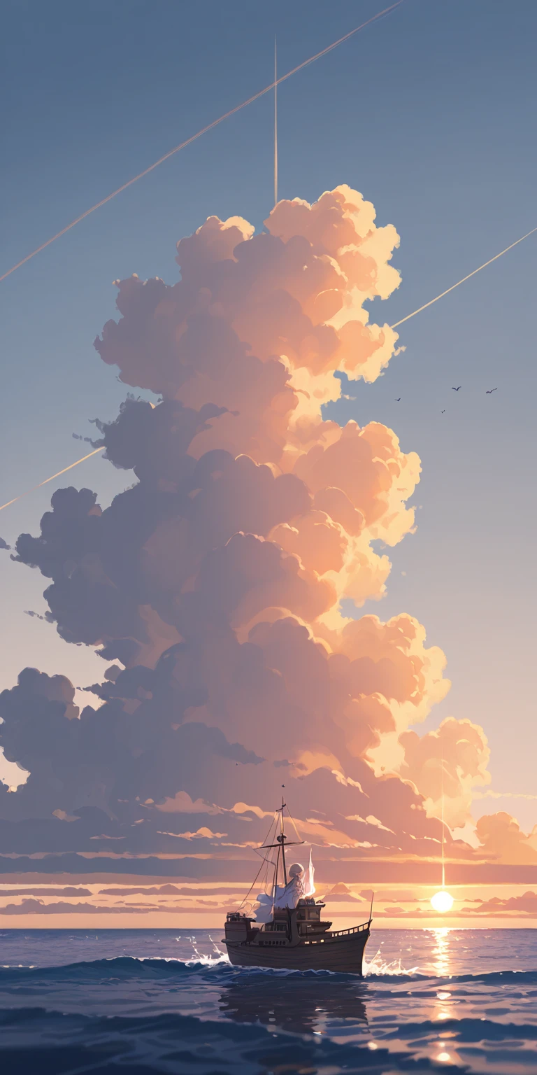 amazing masterpiece、best quality、Incredibly High Resolution、All around is the ocean、Offshore、large wooden ship、noon、 sunshine、An angel basking in the sun on the deck of a ship、from top