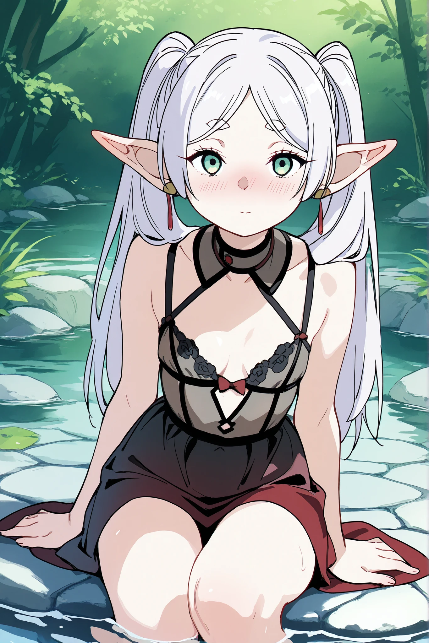 Lora: Frieren bending down small lingerie pink shy expression white hair green eyes litter cleavage tiny blushing bright red shy expression indoor environment