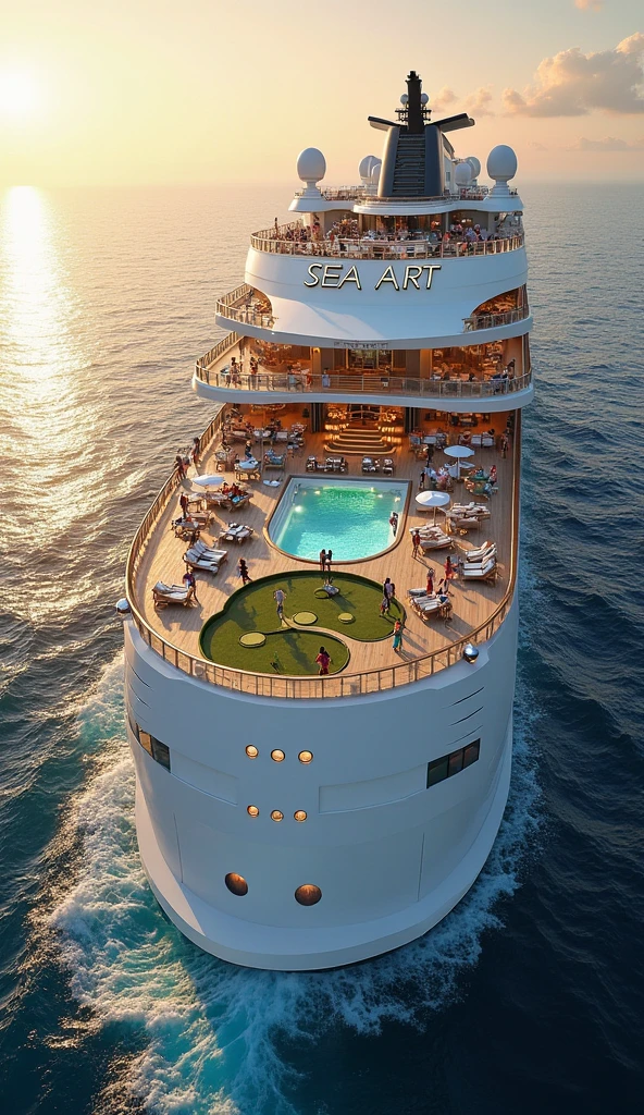 Create a bright and dynamic scene, featuring the most modern cruise ship "SeaArt", hull where passengers enjoy luxurious amenities and endless entertainment. The ship is a marvel of modern design, with with elegant futuristic lines and a sparkling white, reflecting the sparkling blue sea. Name "SeaArt" large in elegant letters aboard the ship, illuminated by soft,  warm light , with a touch of sophistication.

On the spacious decks, passengers relax in stylish, sipping colorful cocktails and sunbathing. Others enjoy a variety of activities: someone is playing mini golf on a perfectly manicured green lawn, and someone splashes around in the infinity pool, which, Seems, merges with the horizon. A group of friends gather at the outdoor bar, laughs and clickers with, while live music is played on the stage nearby.

Inside the ship, the main atrium is a spectacle of modern art and design, with elegant stairs, sun loungers with sparkling chandeliers and interactive digital installations, glasses that fascinate the eye. Passengers stroll through the art galleries, admire holographic sculptures and dine in elegant restaurants with panoramic ocean views. The atmosphere is filled with pure pleasure and joy, every detail is thought out, to provide an unforgettable experience.

The stage is shrouded in the warm golden light of the setting sun, that brings a magical glow to the entire ship and emphasizes the beauty of the high seas. x} The overall composition is a celebration of luxury, of creativity and joy of travel.
