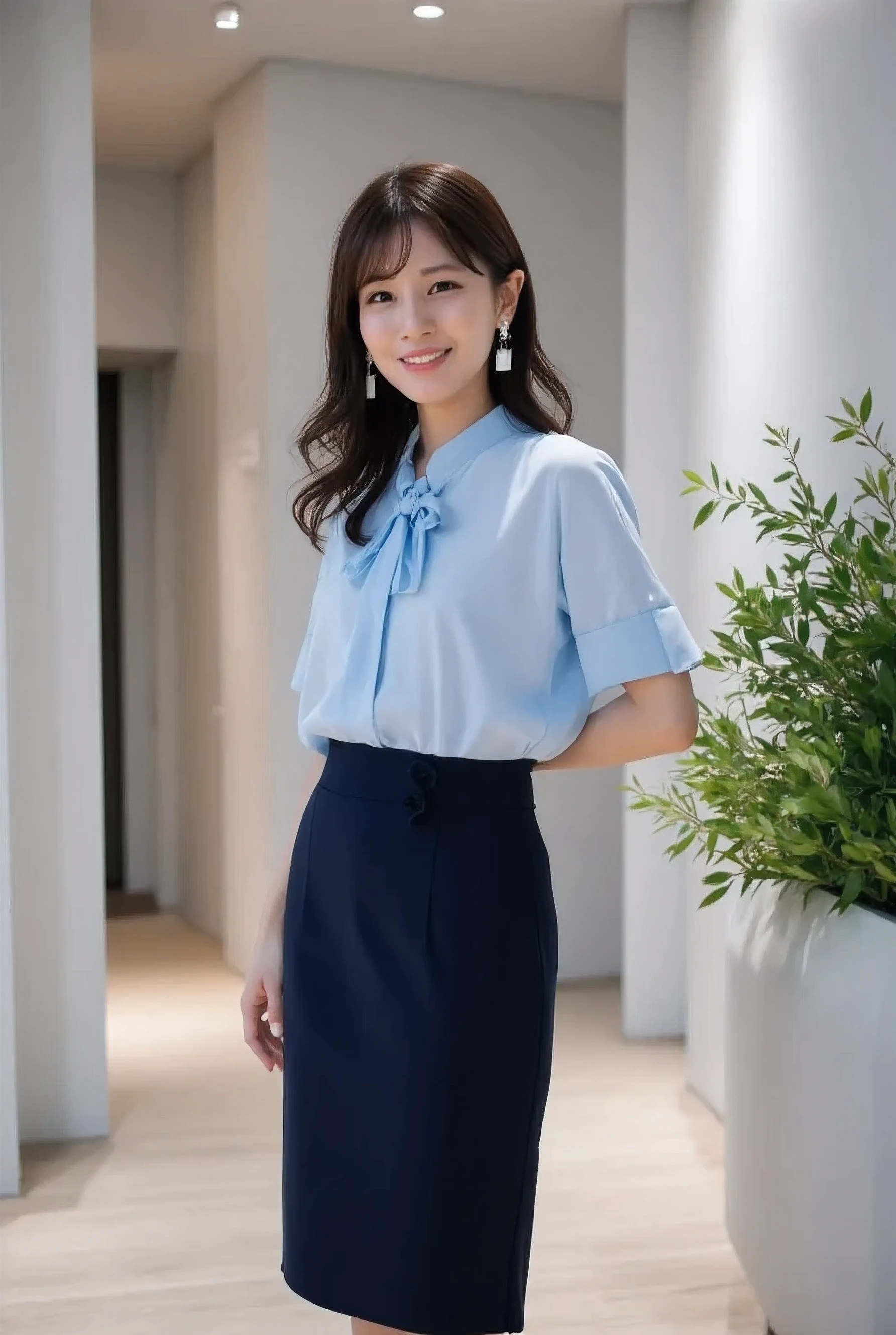 of a very beautiful Japanese newscaster 、Create a stunning portrait . 25 year old Japanese、
light makeupで清楚な美人。
long face、Shaped eyebrows、light makeup。
Medium Length Straight Black Hair。
kind smile。
slender and delicate body、thin waist。
Short-sleeved Light Blue Bowtie Blouse。
Midi Length Dark Blue Tight Pencil Skirt。
Office Street Corner、Side Waist Shot、obscene mother in。 It adds a sophisticated and intimate vibe to the portrait . The overall image is bright and visually impressive