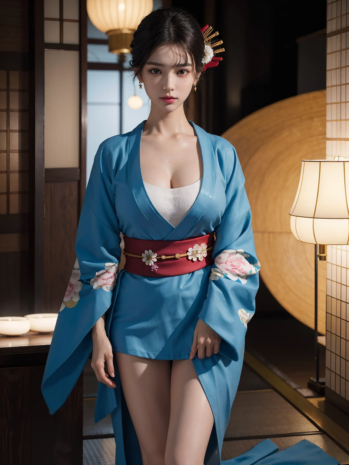 ((Best quality, 8k, Masterpiece :1.3)), 1girl, beautiful woman with emphasis on slim abs: 1.3, (casual hairstyle, big breasts: 1.2), (full body:1.6), hyper realistic skin detail, ultra-detailed face, delicate eyes, double eyelids, soft breasts, smile, beauty moles in breath, diamond choker necklace, jewely, exposed cleavage, her face, realistic, detailed skin, extreme light and shadow,  wearing yukata Japanese summer festival, wearing hair ribbon best quality, (in japanese shrine:1.5), (realistic, photorealistic: 1.37), extreme light and shadow, disheveled hair, master work, rich details, (highest quality photo), (masterpiece), (detailed eyes), look in front of you eyes, incredibly cute under eye moles, necklace, earring best quality, Japanese woman, large breasts, very short bob hair,upper body, A beautiful woman with perfect body:1.4, Slim abdomen:1.2,st. louis \(luxurious wheels\), perfect anatomy, Slim Abs: 1.1, ((geisha style is cover the allure of Japanese Oiran Kimono style, with its intricate designs, rich symbolism, and historical significance, influencing modern fashion and inspiring artists globally)), ((sideboob)),(underboob), sitting down, hands behind head, big breasts,(naked), fingers spreading open, underpants,((naked)), open legs, sweat skined:1.2, outdoor, blonde hair,