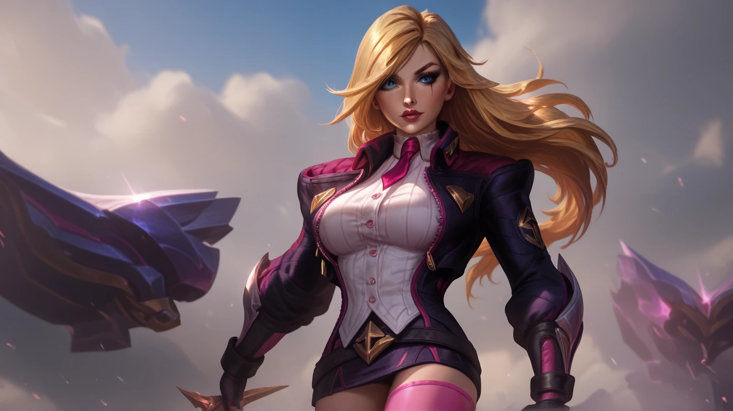 ((best qualityer)), ((work of art)), (detailded), ombro to ombro sweater, photo realist, high resolution, 1 women, mature woman, standing alone, hips up, purples eyes, cuddly, Kai'Sa (League of Legends), pink hair, mitts, long hair, thicc thighs, overskirt, elbow mitts, hand on hip, bared shoulders, standing alone, wings, White mitts, breastsout, pink eyes, bangss, magic, ornament hair, posse sexy, sexyposture