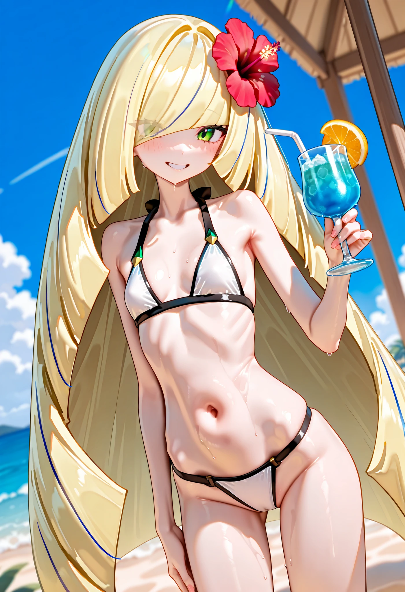 Lusamine - Pokemon, green eyes, blonde hair, very long hair, bangs, hair over one eye。 Super Skinny。1Girl。 white high cut bikini。 the place is a beach 。relax。 hibiscus on her head。 Beach House。TROPICAL DRINK