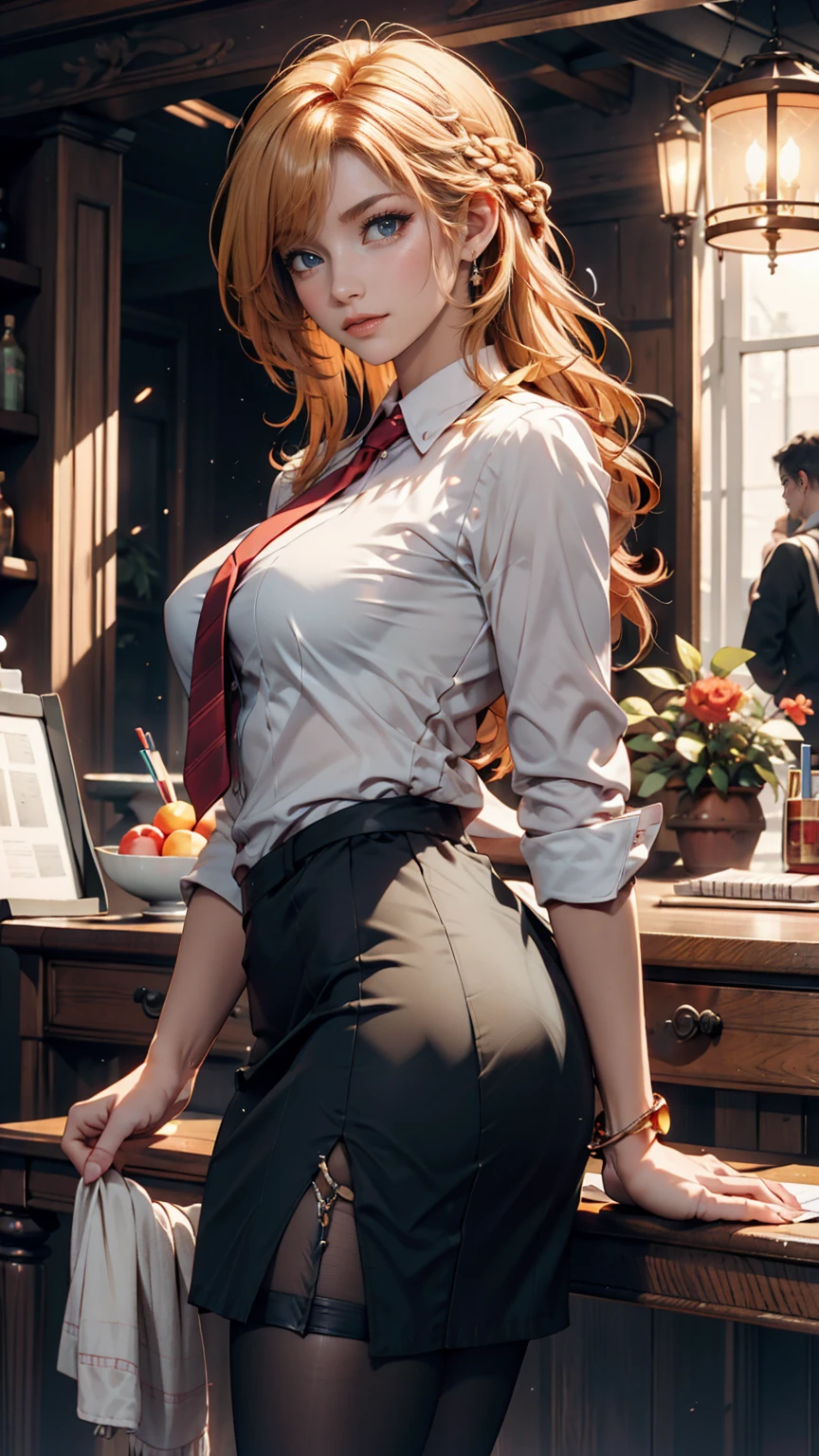 (ultra-detailed, photorealistic, best quality, 4k, nsfw, 8k, highres, masterpiece:1.3), a stunning and formidable woman with a perfect athletic body and toned muscles. Katarina Volkov has long, sleek blond hair often tied in a professional bun or ponytail, sharp symmetrical features, piercing green eyes, and high cheekbones. She is dressed in stylish and professional attire, a fitted blazer and skirt, unbuttoned and opened collared shirt, short mini skirt, with hidden tactical gear for protection. The background features a luxurious office setting, emphasizing her role as Ivan Ivanov's secretary and bodyguard. Her intelligent and calculated demeanor is evident, capturing her dual role of professional and protector. (intricate detail, super finely detailed hands, ultra finely detailed fingers, full body showcase, show full body).