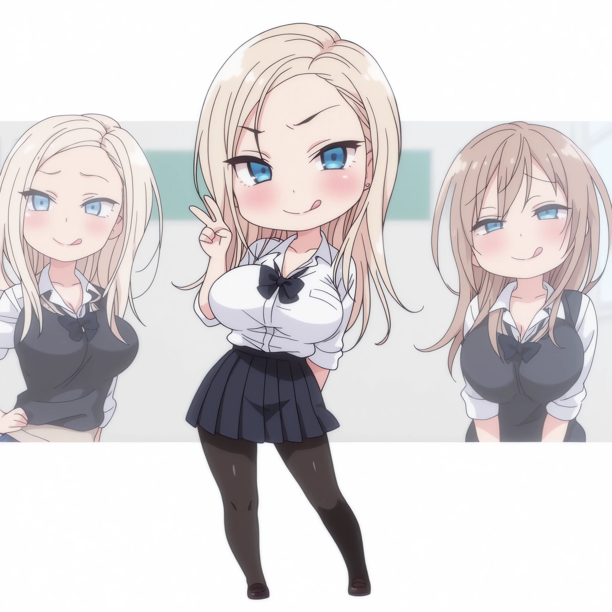 2 girls,chisa, A girl, solo, brown hair, blue eyes, Kurashiki Reina, A girl, solo, blonde hair, blue eyes, beautiful, togheter, high quality, masterpiece, Very detailed, high quality, high resolution, beautiful, beautiful and perfect face, Lustful smile, View your audience,school clothes, skirt, black stockings, v sign, licking lips, Big Breasts, Chibi style, full body, sexy, blush, Chibi character, standing, Chibi