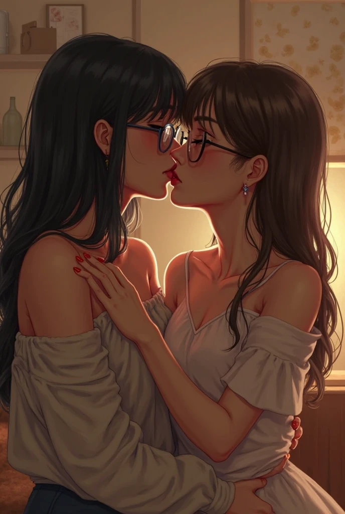 A dark one with long black hair, white and thin. Fucking a white girl with brown hair and glasses on all fours. anime styling